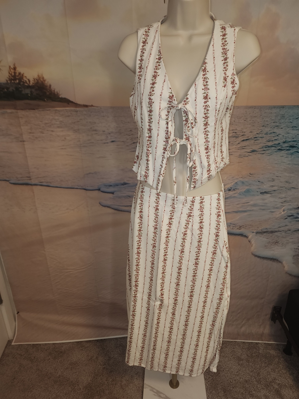 Able Sleeveless White Floral Stripe Midi Skirt with Matching Top